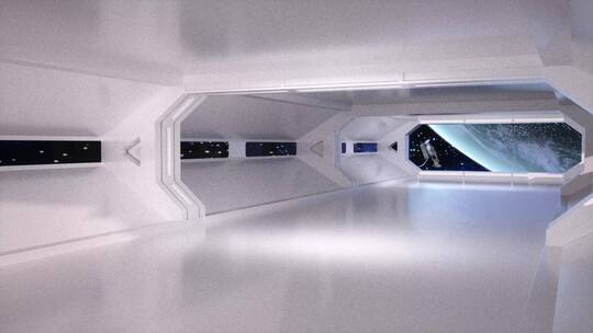 穿梭高科技空旷太空舱和舷窗地球C4D动画视频素材模板下载