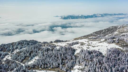 航拍湖北神农架风景区冬季白天雪山云海自然