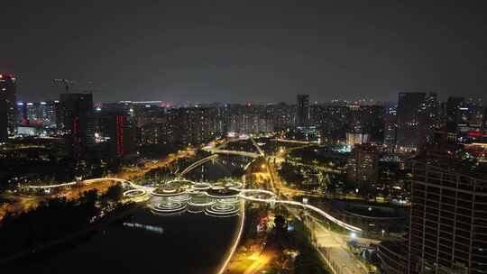 四川成都府河夜景桥梁航拍