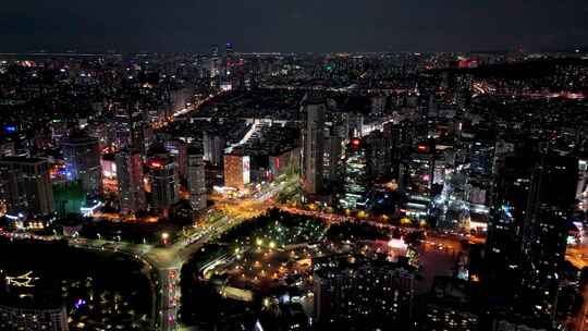 中国山东青岛城市夜景灯光秀航拍鸟瞰