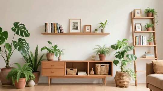 室内简约木质家具绿植布置