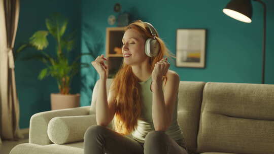 女人戴着耳机随着音乐跳舞视频素材模板下载