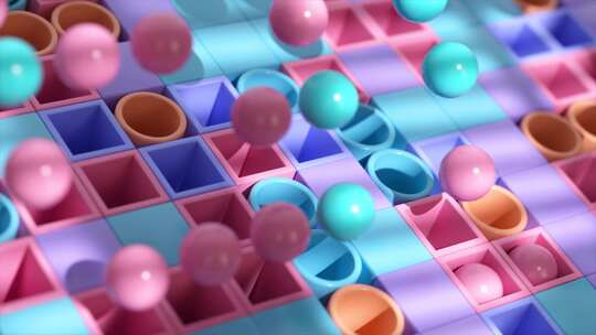 充满活力的球体在粉色和蓝色杯子的方格板上视频素材模板下载