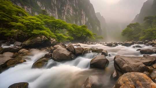 山间溪流潺潺流淌的自然风光