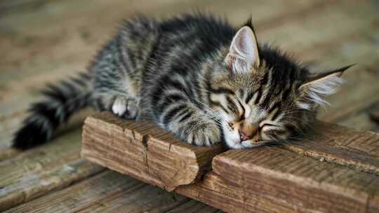 小猫趴在木头上睡觉