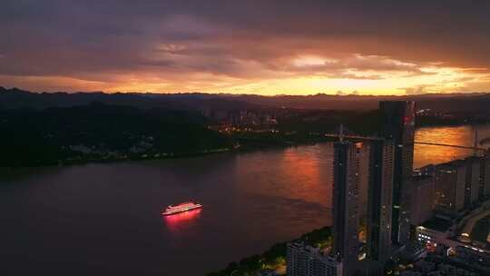 航拍宜昌城市长江夜景