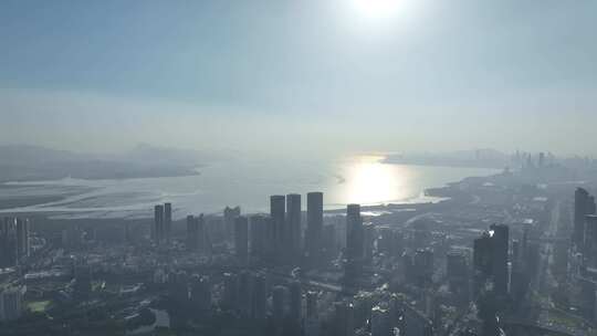 深圳湾夕阳日落航拍逆光城市福田区建筑阳光