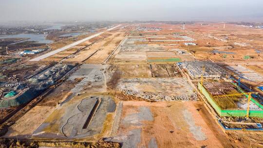 航拍延时建设中的鄂州花湖机场鄂州机场全景