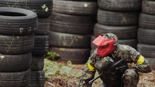 戴着面具的美国彩弹运动员瞄准战争对手的肖像视频素材模板下载