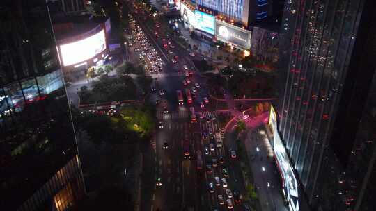 航拍广州天河区商圈十字路口交通夜景