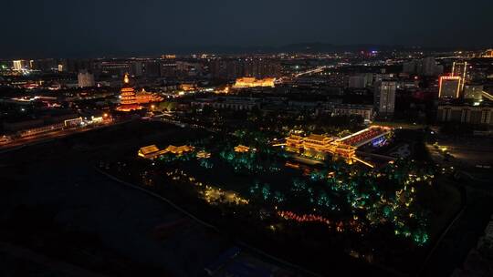 航拍九洲池夜景灯光秀古风