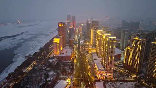 中国黑龙江哈尔滨城市夜晚雪景航拍