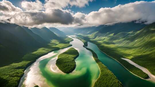 空中俯瞰山川河流全景