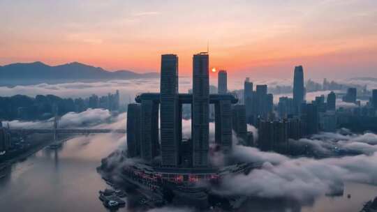 重庆来福士日出航拍全景延时摄影