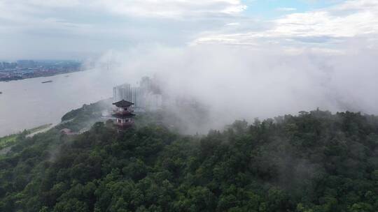 航拍鄂州西山风景区云海云雾中武昌楼