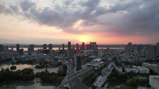 夏日傍晚 芜湖镜湖主城城市风光航拍素材