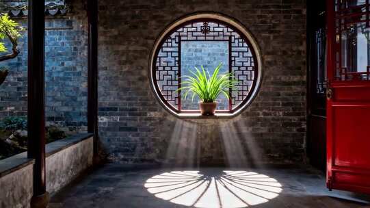 古典园林窗户 花木窗格 光影园林细节