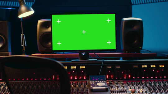 控制室，在按钮和滑块旁边的计算机上运行绿