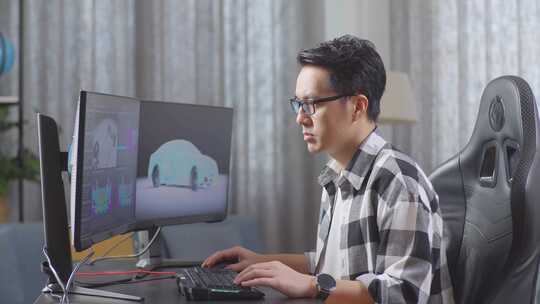 亚洲男性汽车设计师在电脑上制作电动汽车3D模型时思考想法视频素材模板下载