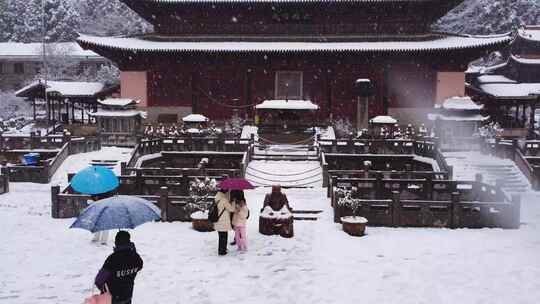 天台华顶寺建筑雪景空中俯瞰全景