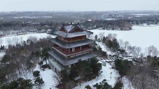 航拍戴河生态园雪景