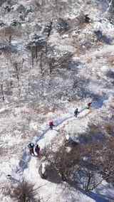 航拍山东文登昆嵛山冬季雪后山野登山徒步高清在线视频素材下载