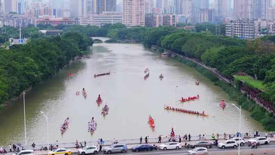 航拍端午节龙舟竞渡福建福州光明港龙舟赛