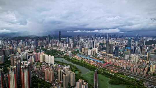 航拍深圳罗湖区水贝片区洪湖公园城市风光