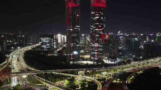 杭州滨江区世茂智慧之门夜景航拍延时摄影