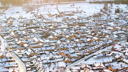 中国黑龙江冬季横道河子东北小镇雪乡航拍