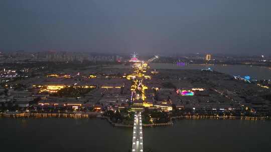 航拍山东聊城东昌湖景区夜景