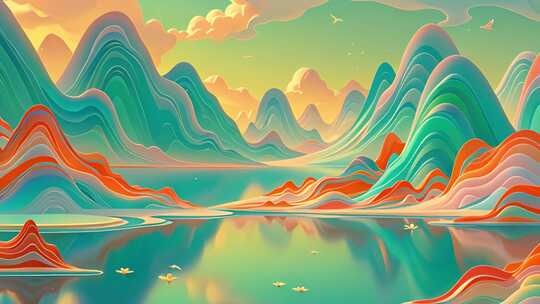 国潮山水舞台背景 卡通风格