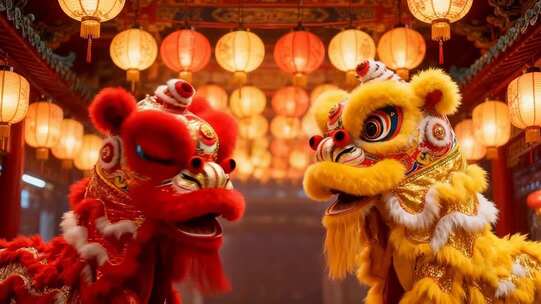 舞狮表演配红灯笼场景