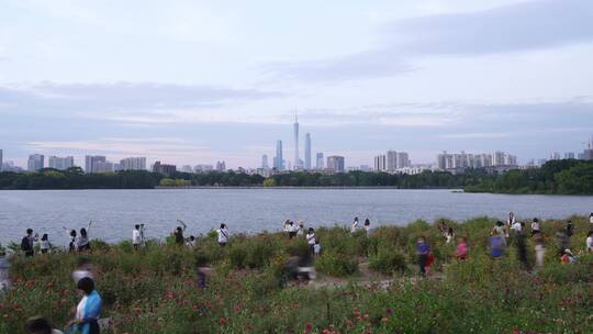 海珠湖公园和广州塔珠江新城城市建筑天际线