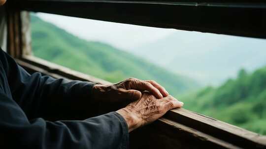 老人窗边双手交叠望远
