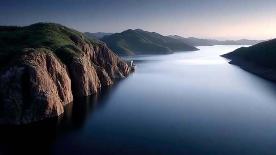 山水相依的宁静水库在晨曦中熠熠生辉