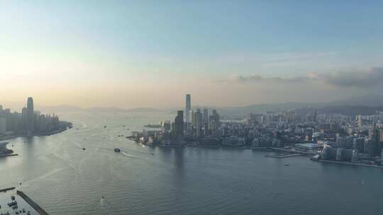 香港大景航拍维多利亚港太平山日落海湾风光