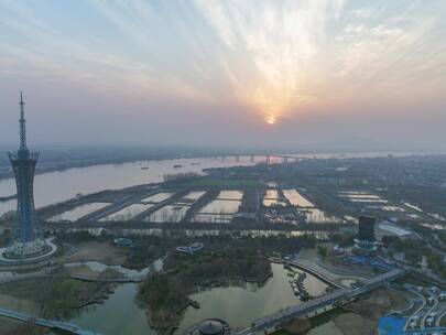 江苏镇江扬中滨江湿地公园航拍延时