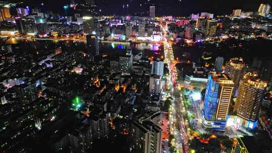 海南省三亚市城市夜景交通车流航拍