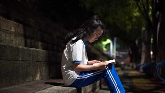 晚上中学生坐在台阶路灯下看书认真读书复习