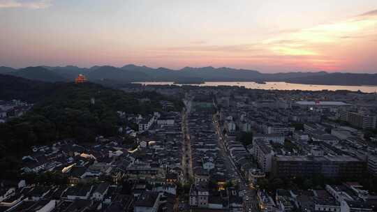 杭州西湖河坊街夜幕降临晚霞日落夜景灯光