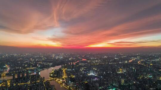 广州城市建筑群与夕阳晚霞火烧云航拍延时