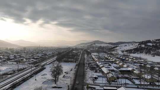 航拍内蒙古冬季村庄雪景