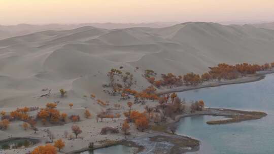 航拍秋天清晨的新疆罗布湖风景