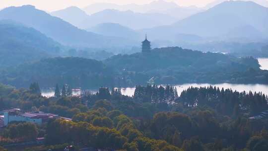 西湖雷峰塔景区大自然风光群山航拍杭州风景