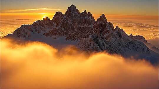 唯美雪山航拍延时日照金山日出云海风景ai