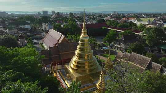 HDR航拍泰国清迈古城帕辛寺庙城市风光