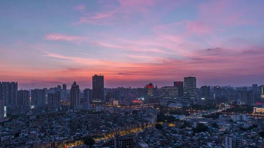 广州天空夕阳唯美晚霞与城市车流延时风光