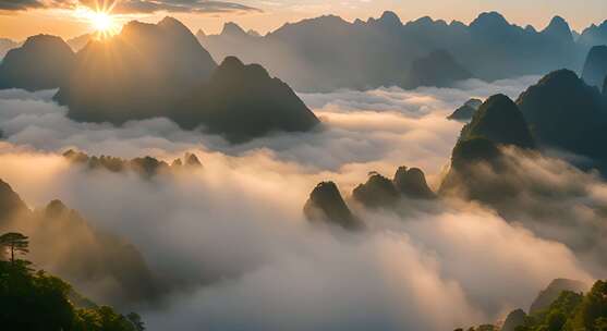 桂林山水合集山峰云海群山云雾缭绕自然风景