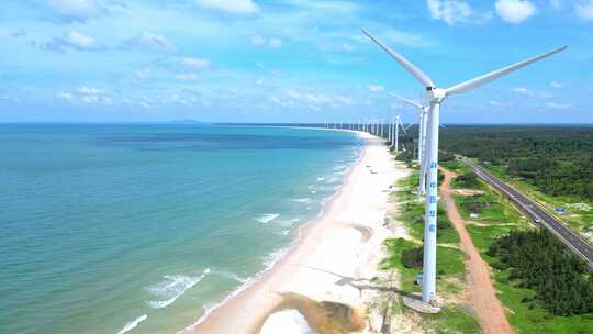 航拍海南文昌环岛旅游自驾旅行与新能源风车